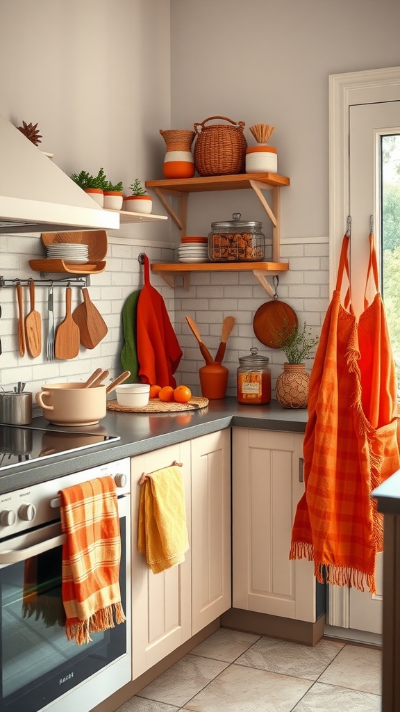 A cozy kitchen with warm orange and yellow accessories, wooden shelves, and natural elements.