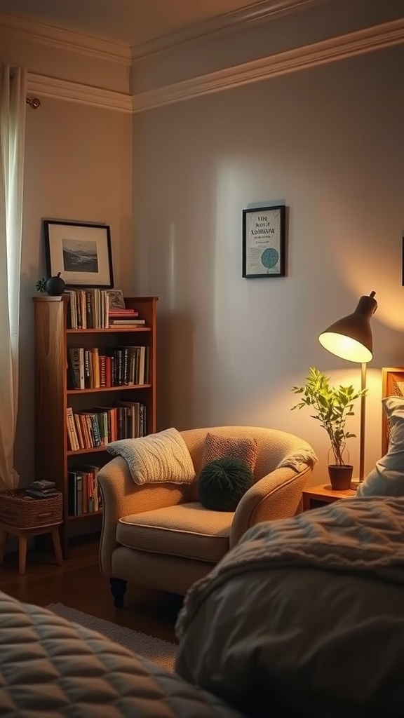 A cozy reading nook in a bedroom featuring a soft armchair, a lamp, and bookshelves filled with books.