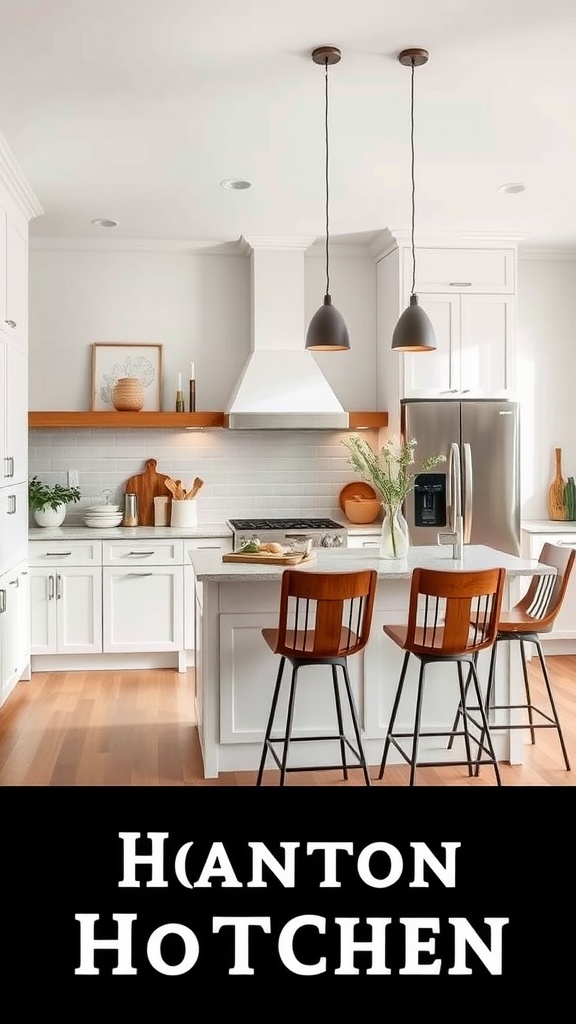 A modern kitchen with bar stools at the island and light-colored cabinetry.