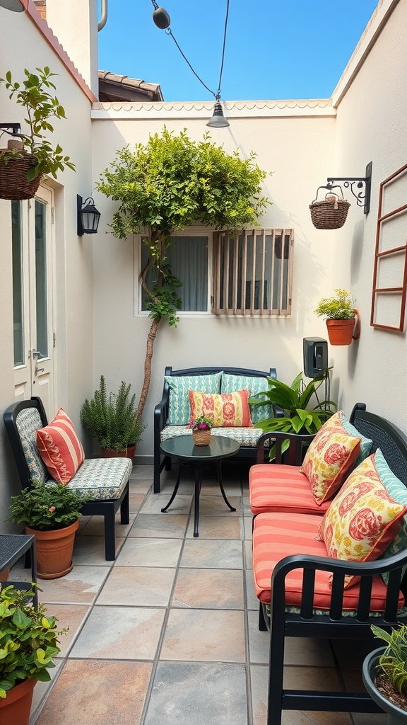 A cozy small back patio with comfortable outdoor cushions, vibrant plant life, and a relaxing seating arrangement.