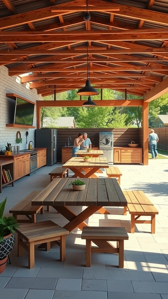 Spacious outdoor kitchen with wooden furniture and ample seating, perfect for gatherings.