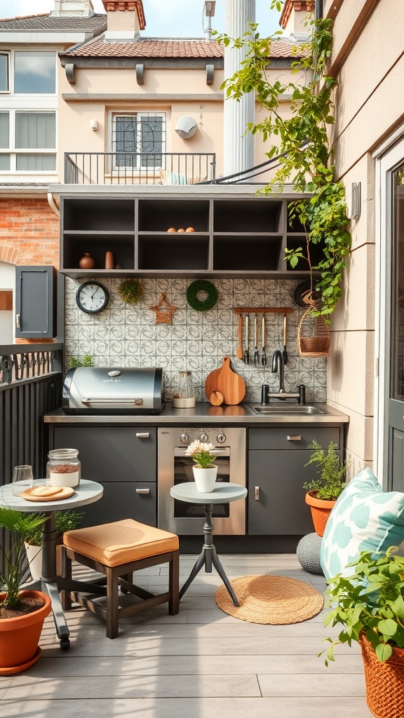 A compact balcony kitchen featuring a grill, sink, dark cabinets, and seating surrounded by plants.