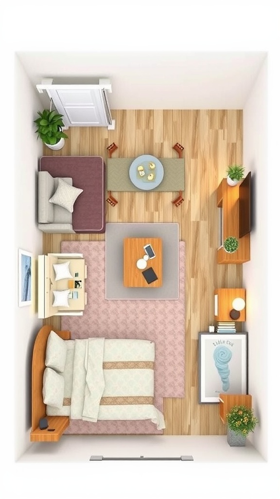 Top view of a compact bedroom layout with a bed, small couch, coffee table, and plants.