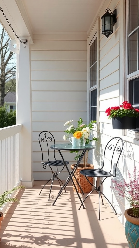 A small bistro set on a back porch with two chairs and a table, adorned with flowers.