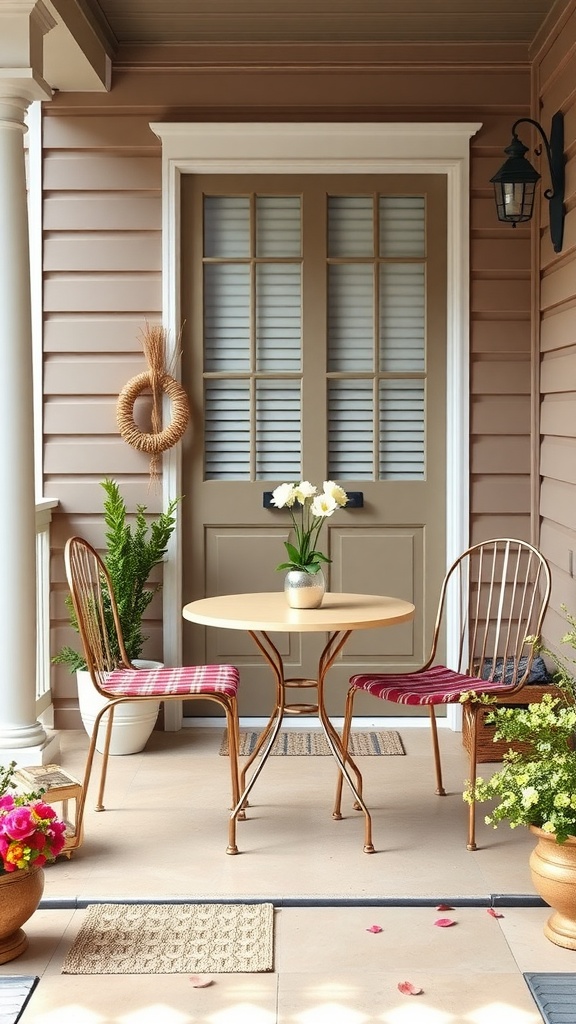 A small porch featuring a round dining table with two chairs, surrounded by plants and decorative elements.
