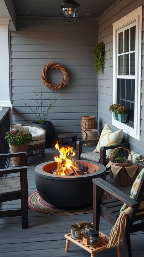A cozy small porch featuring a compact fire pit surrounded by comfortable seating and warm decorations.
