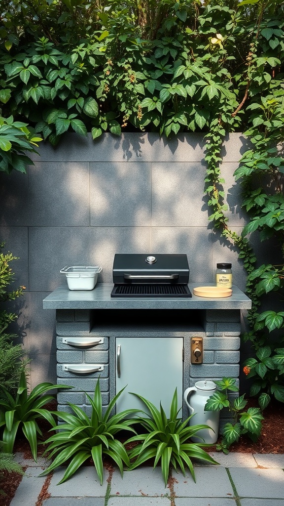 A compact grill station surrounded by greenery, featuring a modern grill, storage drawers, and a stylish countertop.
