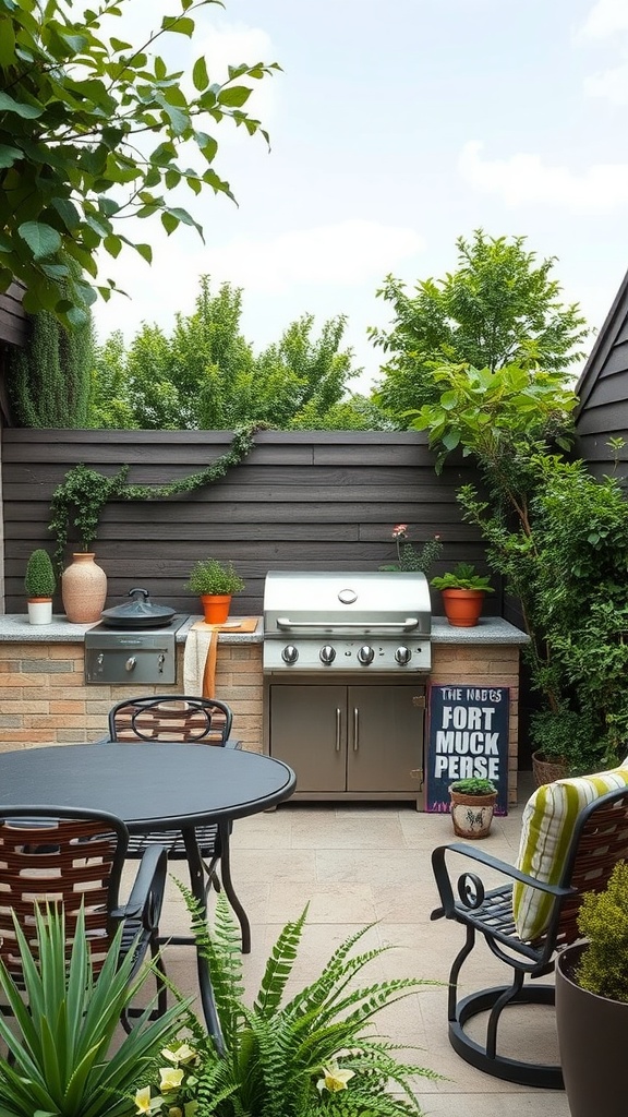 Compact outdoor grill station with greenery and a cozy seating area