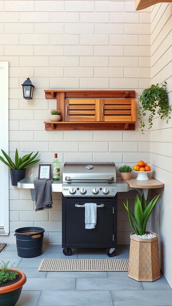 A stylish compact grill station set up in a small outdoor area featuring a grill, plants, and wall-mounted shelves.