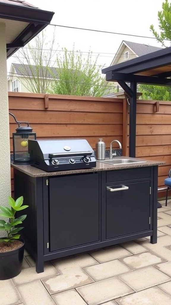 A compact outdoor kitchen unit featuring a grill and sink, designed for small patio spaces.