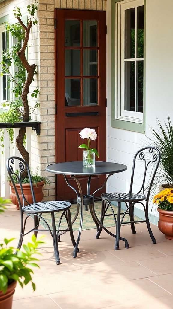 A compact outdoor dining area featuring a round table, two chairs, and a flower vase, surrounded by greenery.