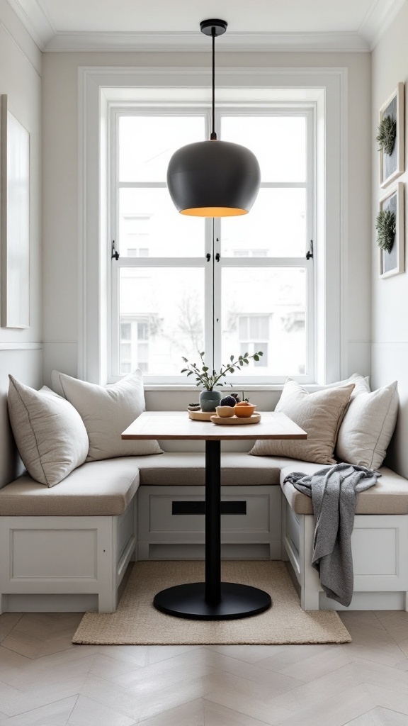 Cozy kitchen nook with built-in seating, a round table, and a pendant light.