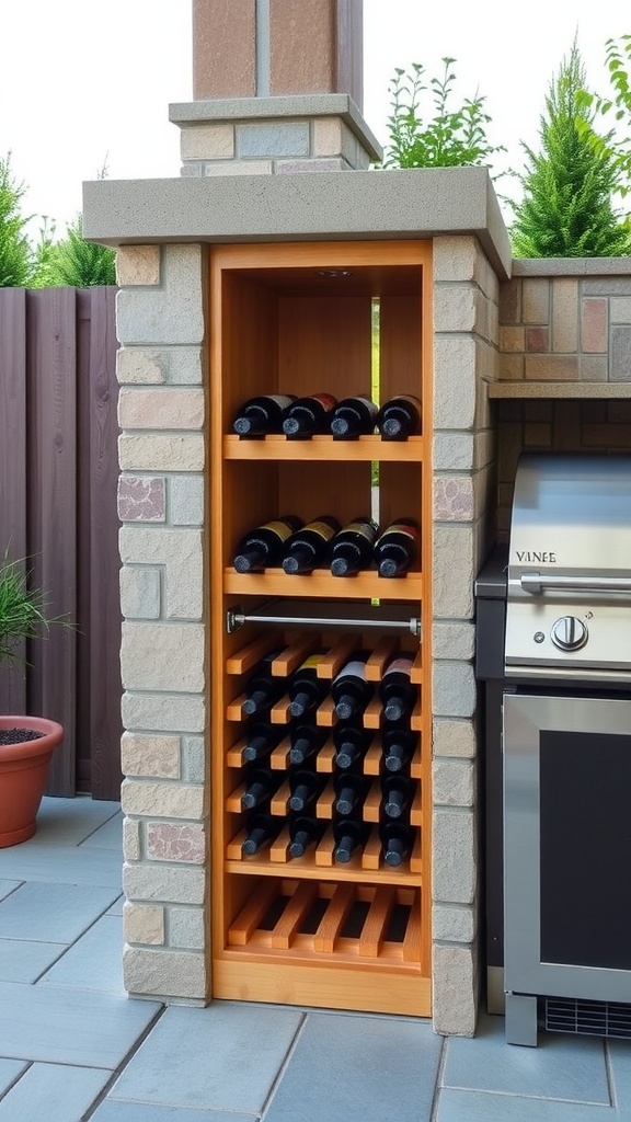 Compact wine storage unit in an outdoor kitchen setting.