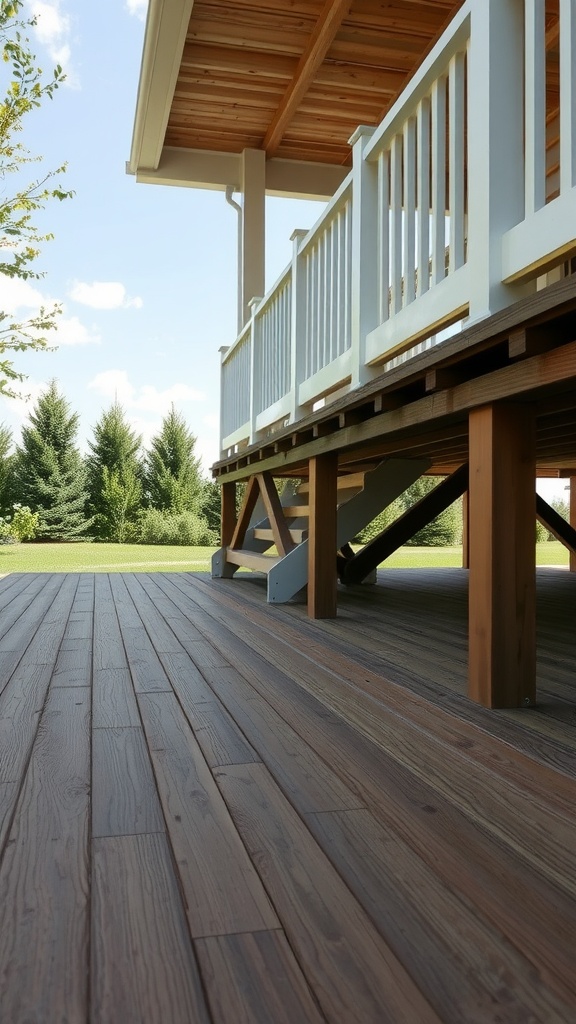 Composite deck skirting under a wooden deck with a clear blue sky and green trees