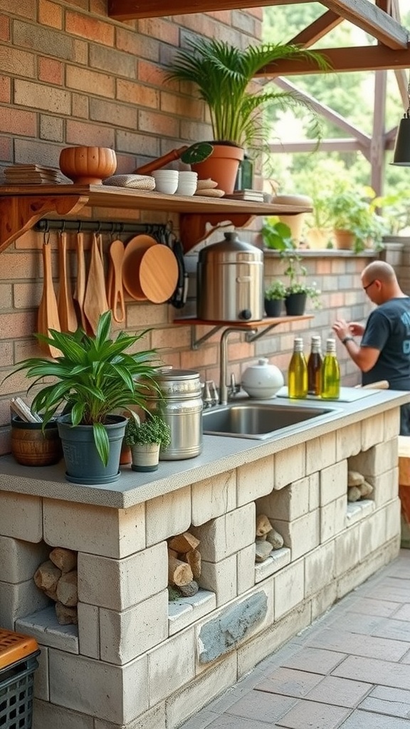 A rustic concrete block outdoor kitchen counter with shelves displaying kitchenware and potted plants, set in a natural outdoor environment.
