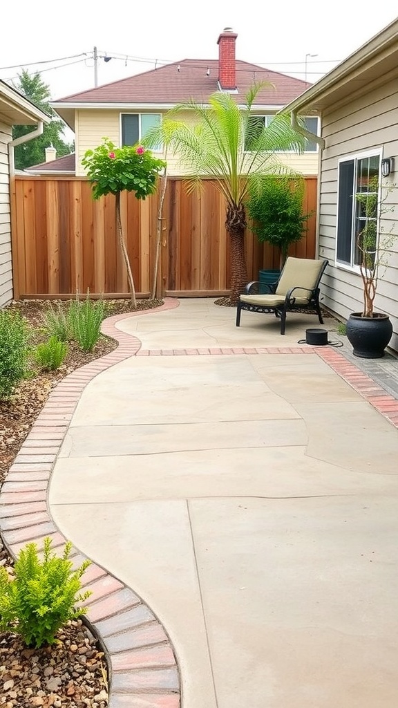 A decorative concrete patio with brick borders, featuring plants and outdoor seating