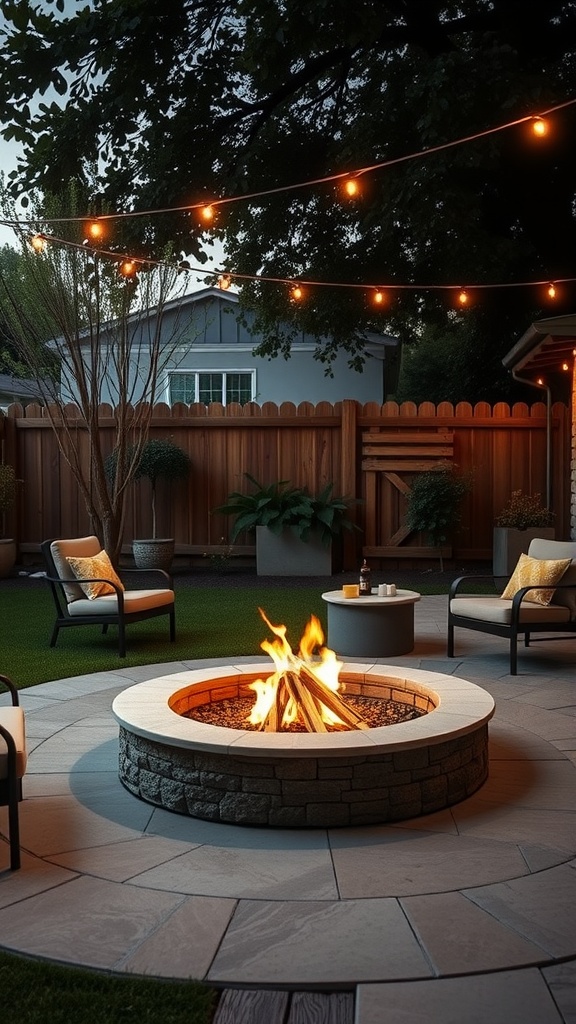 Cozy back patio featuring a concrete fire pit, comfortable seating, and string lights in the evening.