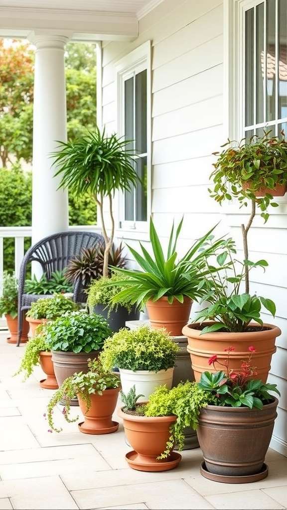 A variety of potted plants arranged on a porch, showcasing container gardening.