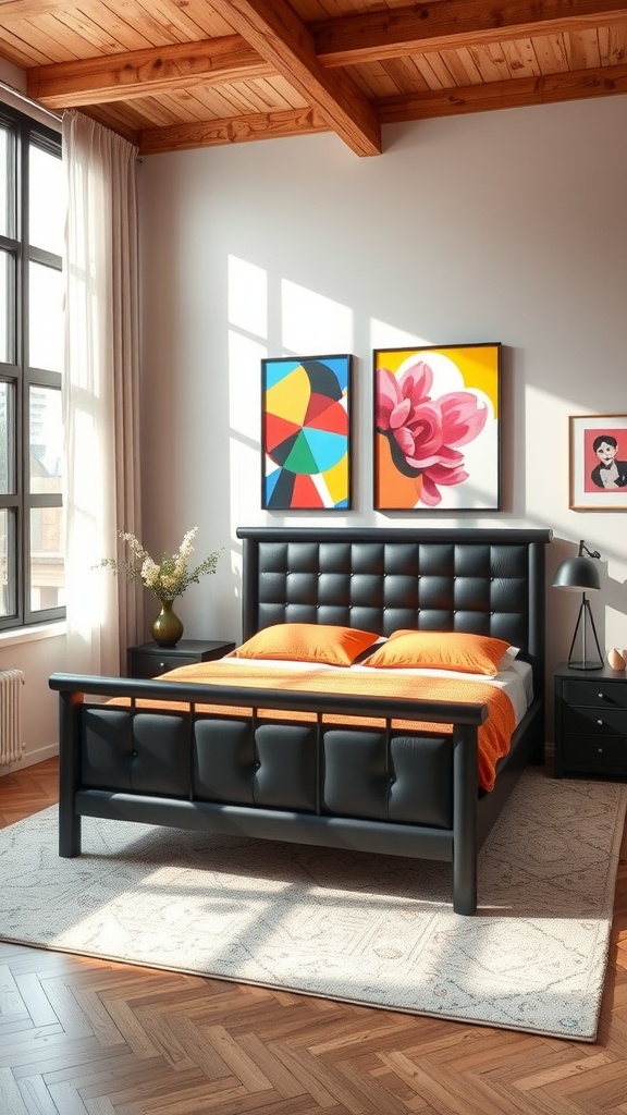 A modern bedroom featuring a black bed frame, orange pillows, and contemporary art on the walls.