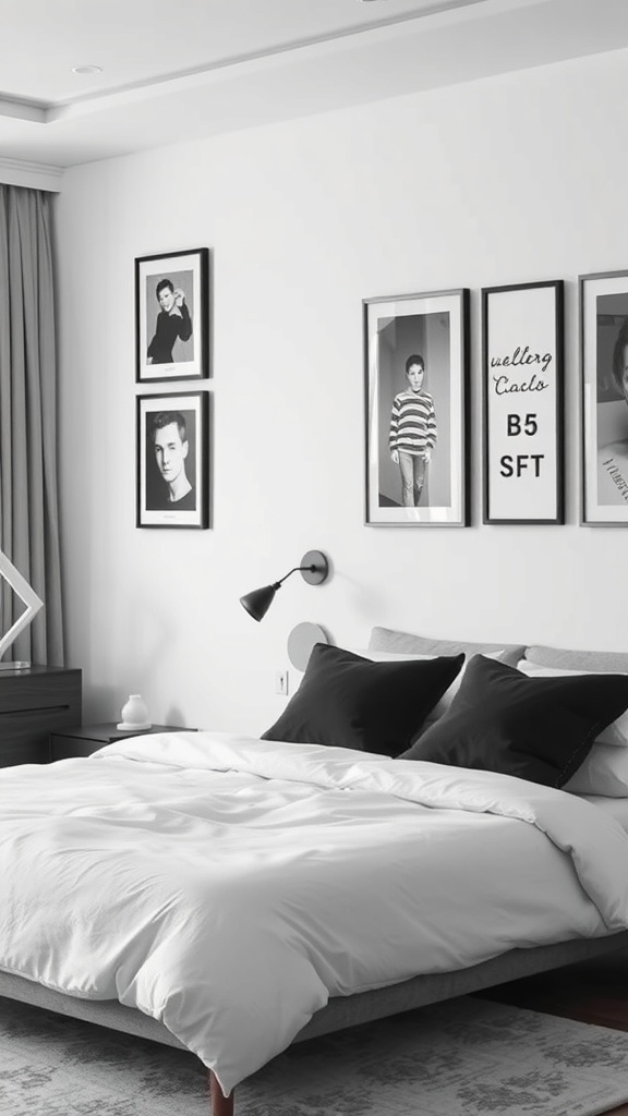 A black and white bedroom featuring contemporary art displays on the wall.