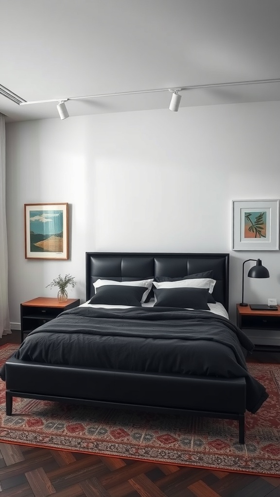 A modern bedroom featuring a black bedframe, contemporary art on the walls, and stylish lighting.