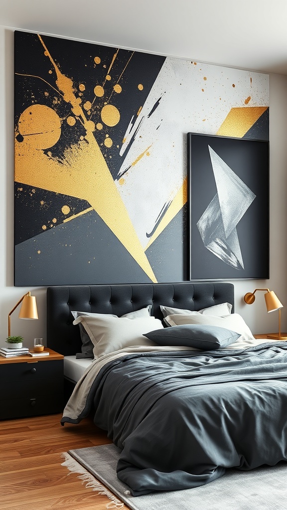 A contemporary black and gold bedroom featuring bold artwork on the wall.
