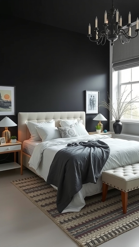 A contemporary bedroom featuring a black accent wall, white bedding, and stylish decor.