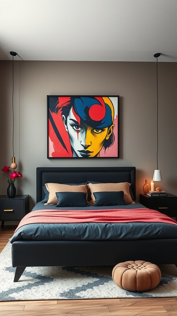 A contemporary black bed with bold wall art in a stylish bedroom.