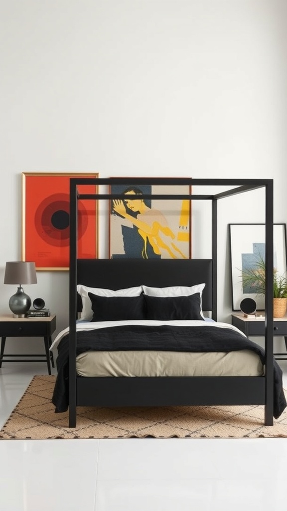 A contemporary black canopy bed with bold artwork on the wall, featuring a sleek design and stylish decor.