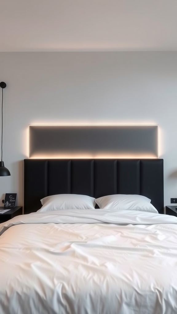 A contemporary black headboard with LED lighting above a neatly made bed.
