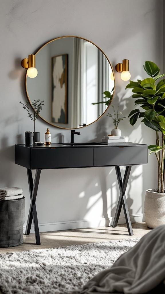 A contemporary black vanity with a round mirror and gold accents, featuring a plant and skincare products.