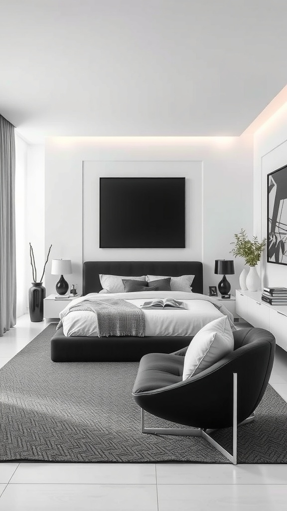 A modern black and white bedroom featuring a low bed, stylish chair, and minimalist decor.
