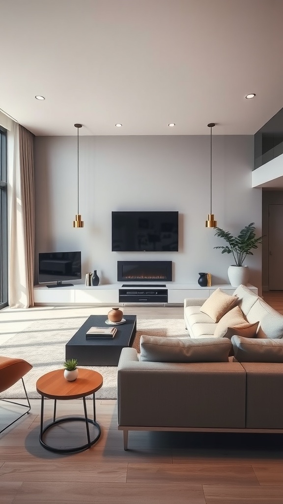 A contemporary living room with a cozy sofa, sleek coffee table, elegant lighting, and a potted plant, showcasing clean lines and a bright atmosphere.