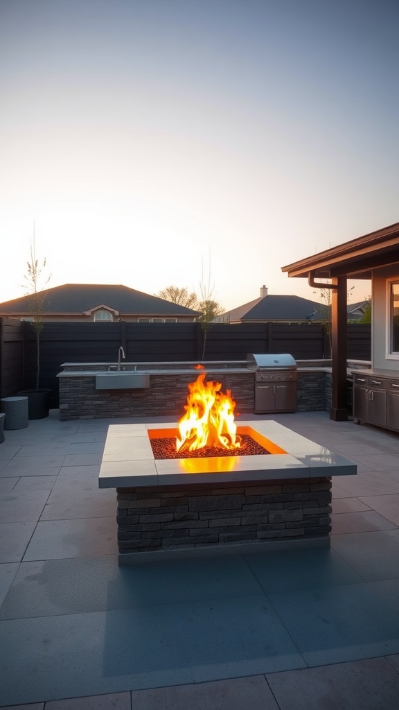 Modern outdoor fire pit installation with stonework in a contemporary patio kitchen