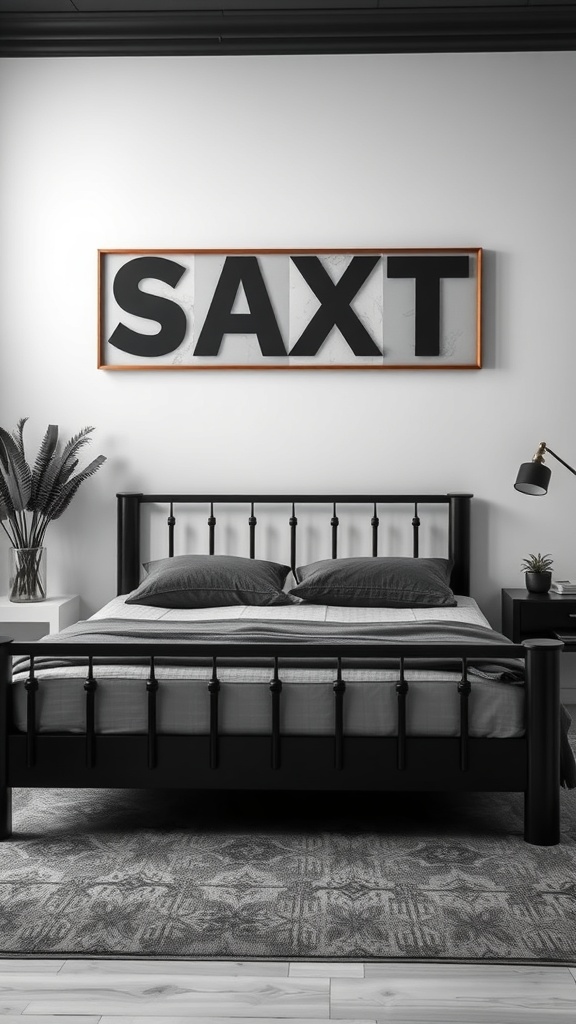 A contemporary monochrome bedroom featuring a black bed frame, gray linens, and bold wall art.