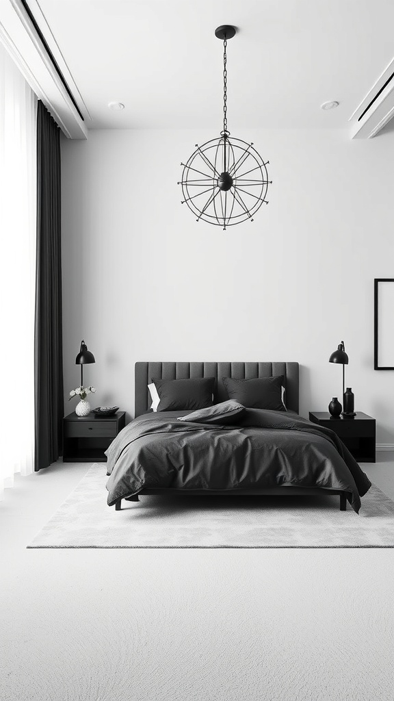 A modern black bedroom set featuring a plush bed, bedside lamps, and a unique pendant light in a monochrome color scheme.