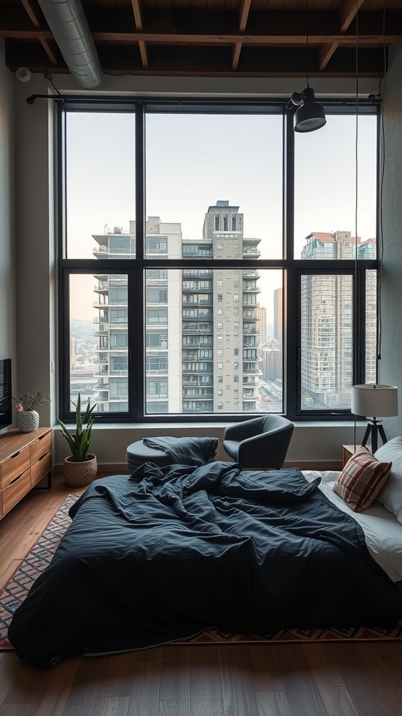 A contemporary urban loft bedroom with black sheets, large windows, and a cozy armchair.