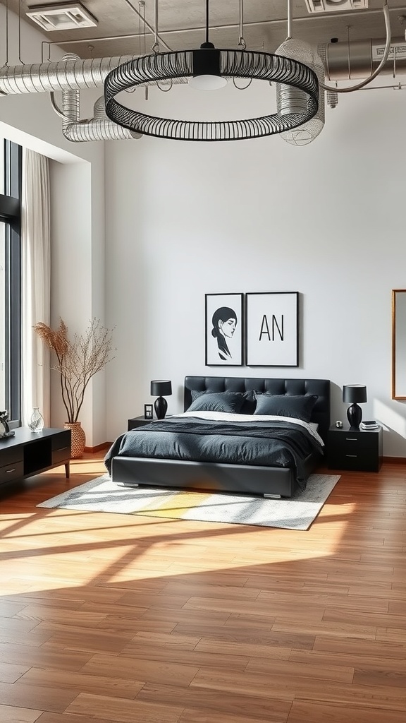 A modern bedroom featuring black furniture, large windows, and wooden flooring.