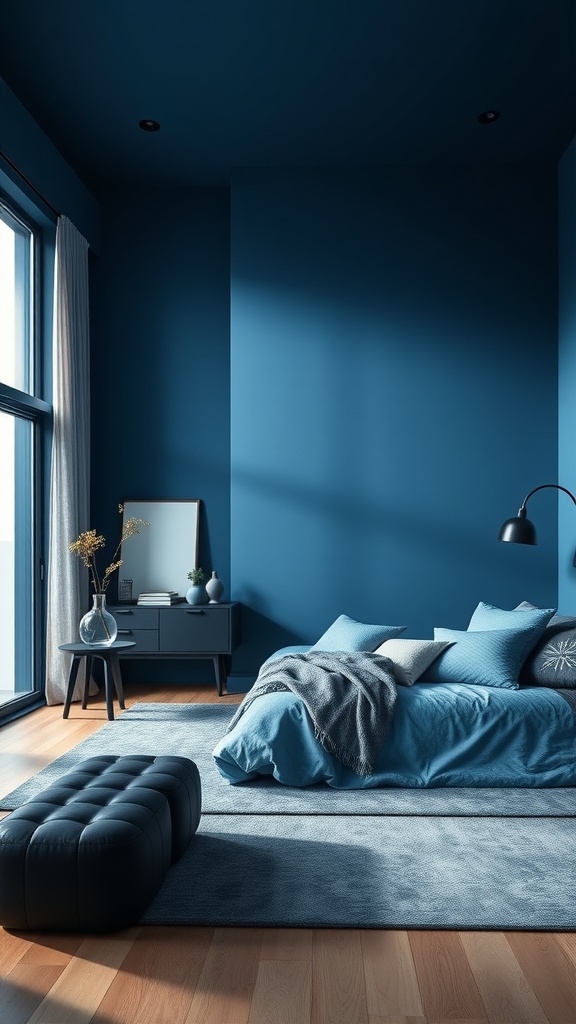 A contemporary bedroom with deep blue walls, a cozy bed, and natural light.