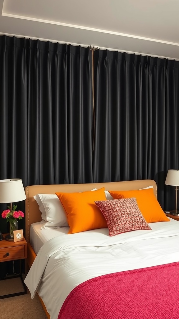 A bedroom featuring black curtains, bright orange pillows, and a pink throw blanket on the bed.