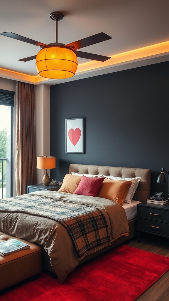 A cozy bedroom featuring a dark accent wall, warm brown tones, and bright accessories like an orange light fixture and a red rug.