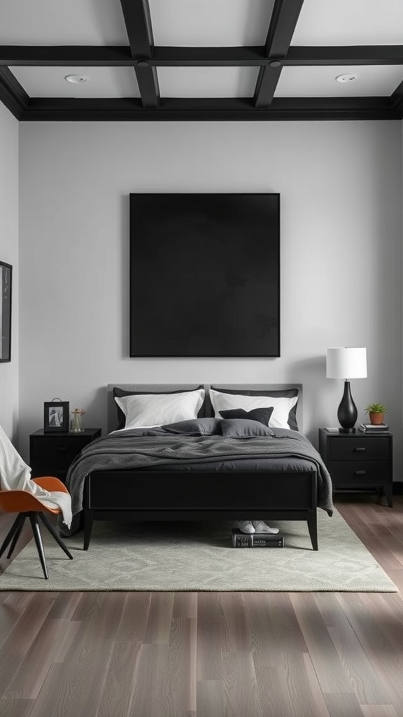 A modern bedroom featuring black furniture against light gray walls, with an orange chair and a plant for contrast.