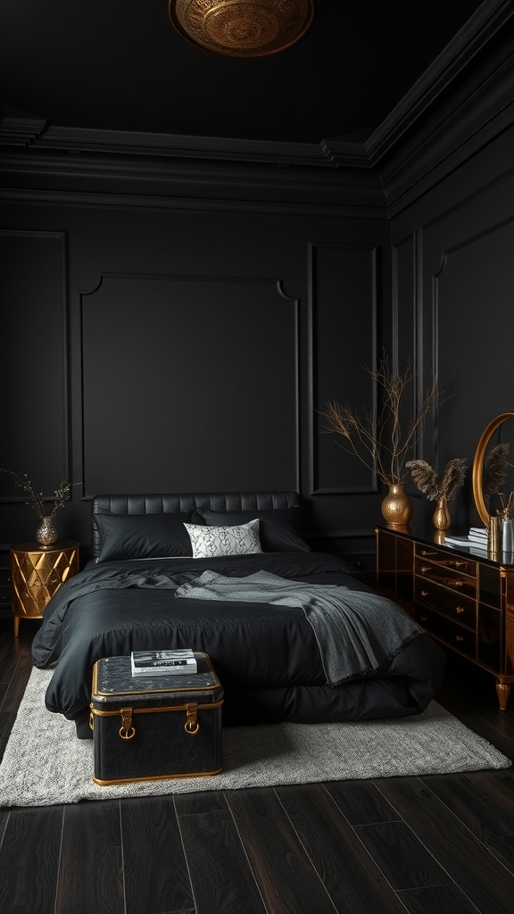 A stylish black bedroom featuring metallic accents, including a golden ceiling fixture and decorative items.
