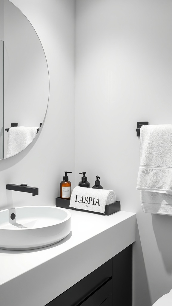 A modern black and white bathroom featuring minimalist accessories.