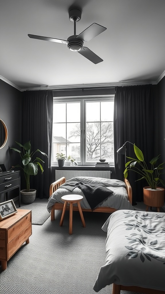 A cozy black and white bedroom featuring dark walls, light wooden furniture, and green plants.