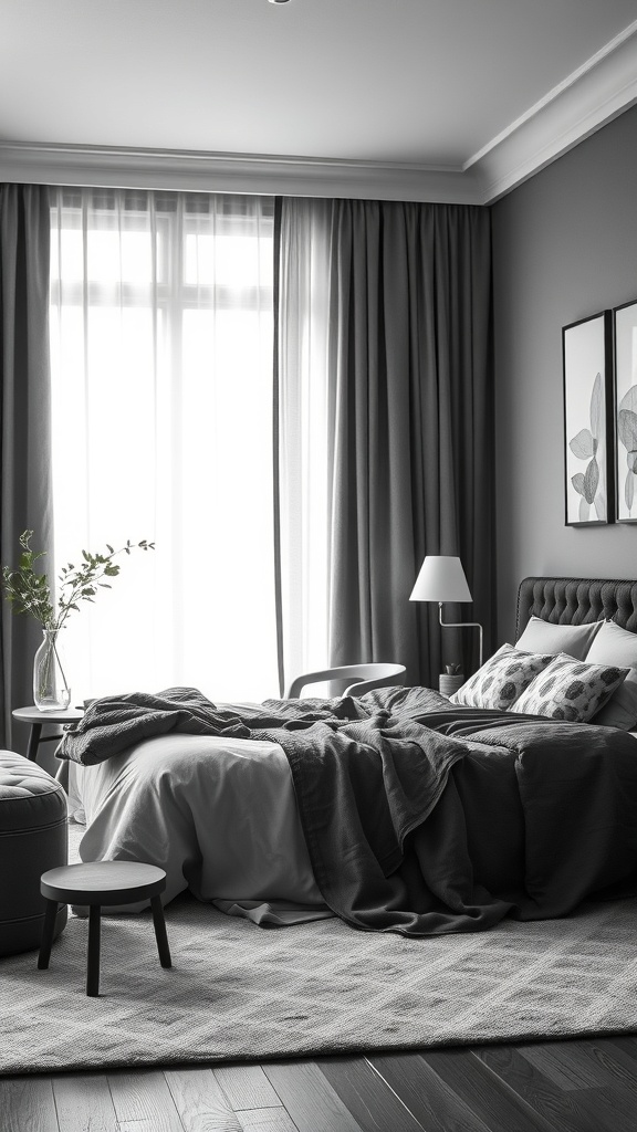 A stylish black and white bedroom featuring layered bedding, curtains, and a cozy atmosphere.