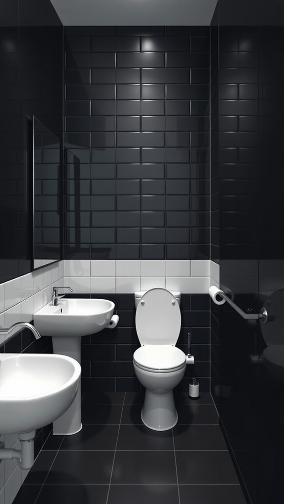 A modern black bathroom featuring black tiled walls and contrasting white fixtures.