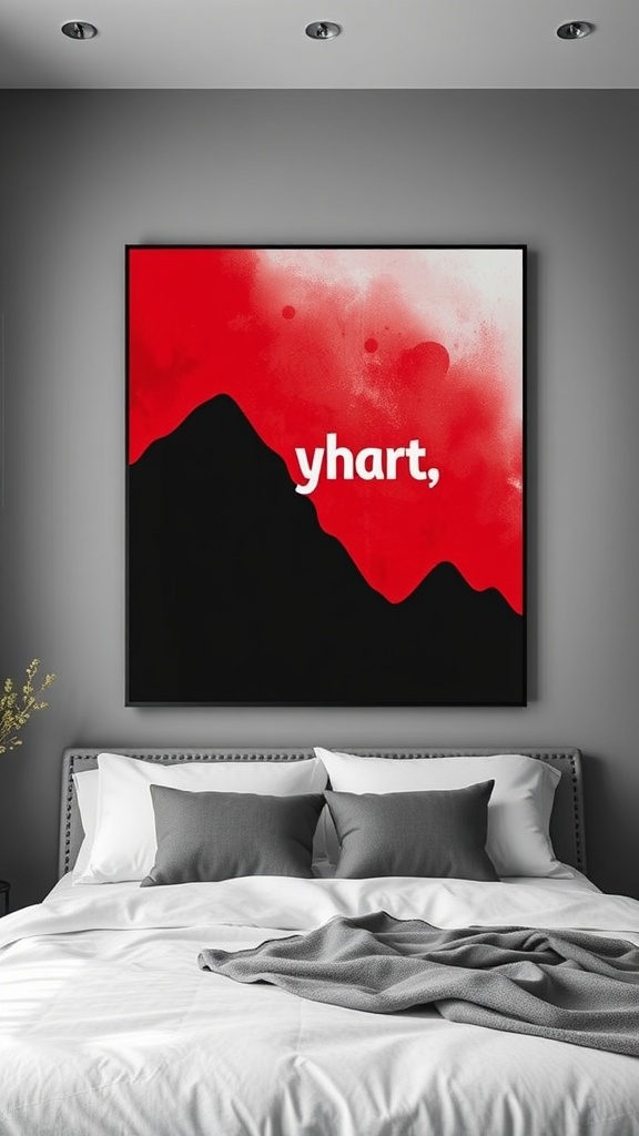 A modern bedroom featuring a striking black and red artwork above a neatly made bed with gray pillows and blanket.