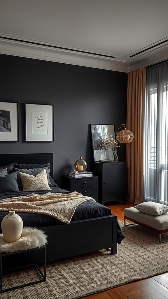 A modern bedroom featuring black furniture and beige accents, showcasing a contrast between bold and soft elements.
