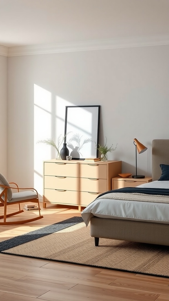 A beige and black bedroom featuring contrasting furniture choices, including a light wooden dresser, beige bedding, and a black accent lamp.